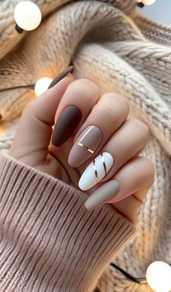 Neutral sweater-texture nails with gold detailing, soft fall nail look for lifestyle bloggers and cozy fashion trends