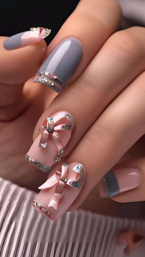 3D silver bow and rhinestone nail art on blush base, birthday and celebration nails for trendy US fashion lovers