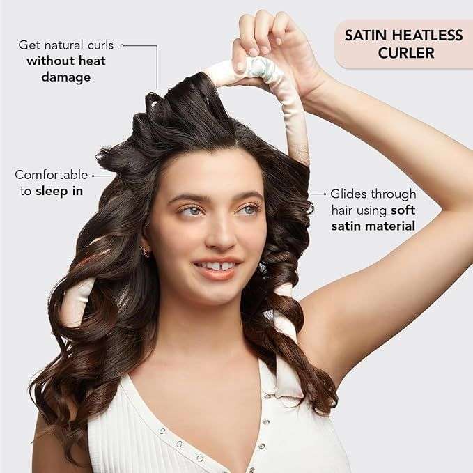 Young woman with long wavy brown hair using a heatless curling ribbon overnight – safe and effective curling method for all hair types